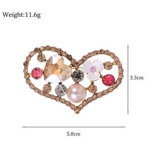 Vintage heart brooch with champagne crystals, mother of pearl flower and pearls