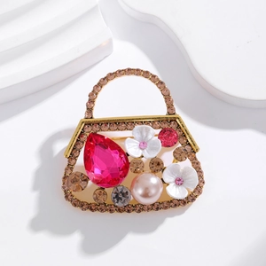 Vintage Legering Handtas Vorm Broche Voor Dames Verguld Strass Imitatie Kunstparel Bloem Reversspeld Luxe Mode Kleding Sieraden Accessoire