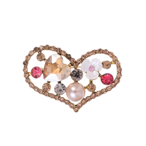 Vintage heart brooch with champagne crystal, pink pearl, and floral gold accents