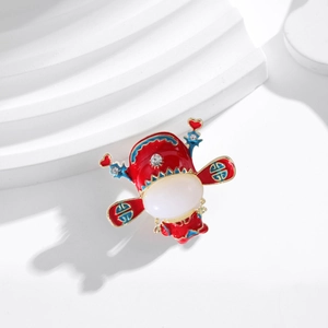 Traditional Chinese style cat eye stone enamel brooch with red clouds and gold finish