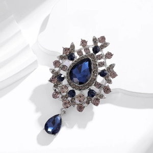 Spilla Vintage in Lega con Strass a Goccia e Nappa Lussuosa Spilla a Fiore con Gemma Blu per Abito da Cerimonia Matrimonio Gioielli