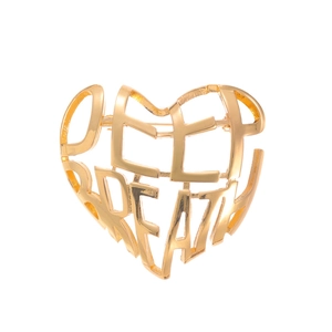 Golden hollow heart brooch with Deep Breath lettering in minimalist alloy style