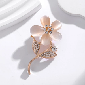 Elegant Floral Brooch For Women Zinc Alloy Pink Opal Look Stone Rhinestone Flower Corsage For Suit Sweater Wedding Party