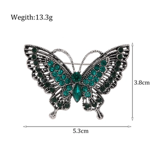 Green crystal butterfly brooch pin with hollow metal wings for women suits