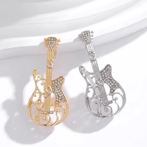 British Vintage Guitar Brooch Rhinestone Inlaid Alloy Musical Instrument Lapel Pin For Women Men Suit Accessory