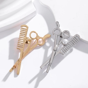 Barber scissors and comb brooches in gold and silver finish with pearl accent