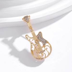 British retro style guitar brooch with sparkling diamonds and gold plating for suits