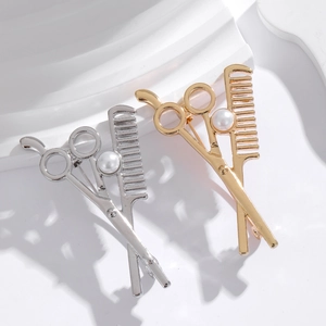 Barber scissors and comb brooch with faux pearl in gold and silver finish