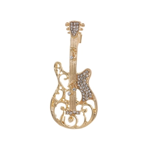 British style vintage guitar brooch with sparkling rhinestones in gold plated alloy