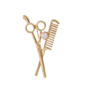 Barber Scissor And Comb Brooch Pin Alloy Faux Artificial Pearl Hair Stylist Suit Accessories For Men Women Creative Professional Gift
