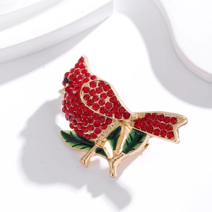 Luxury Vintage Palace Full Red Rhinestone Cardinal Bird Brooch Gold Plated Alloy Enamel Leaf Animal Pin Jewelry Gift