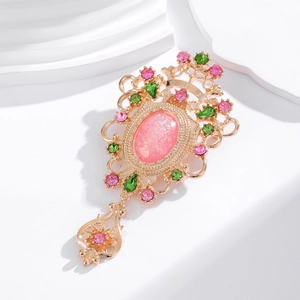 Broche en Alliage d'Or Style Palais Baroque Vintage Avec Résine Rose Opale et Strass Pendentif Goutte d'Eau Accessoires Femme