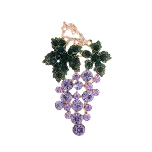Elegant purple rhinestone grape brooch with green crystal leaves in rose gold plating