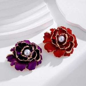 Elegant purple and red peony flower brooches with metal base and pearl center detail