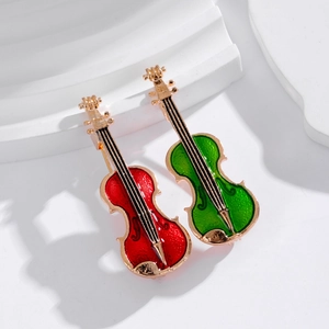 Broches de violon vintage en émail rouge et vert avec finition dorée pour vestes