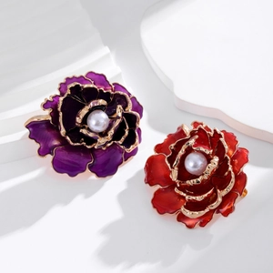 Elegant peony flower brooches in red and purple with gold edges and pearl center