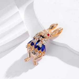 Charming gold-tone rabbit brooch with blue enamel and sparkling rhinestones for women