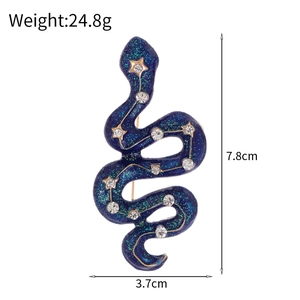 Retro blue snake brooch with glitter finish and rhinestones, size 7.8cm x 3.7cm