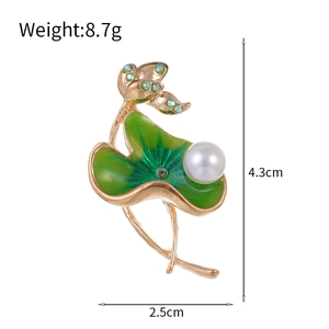 Lotus leaf brooch with green enamel, pearl and rhinestones, size 4.3cm by 2.5cm