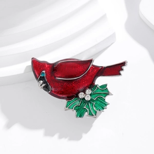 Broche cardinale vintage en émail rouge avec feuilles de houx pour cadeau de Noël