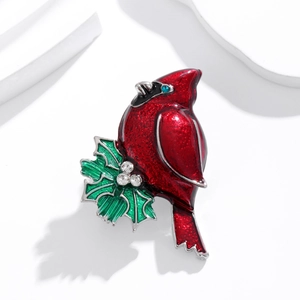 Broche Oiseau Cardinal de Noël Vintage Émail Feuille de Houx Strass Épingle Alliage Bijoux Animaux Pour Femmes Cadeau