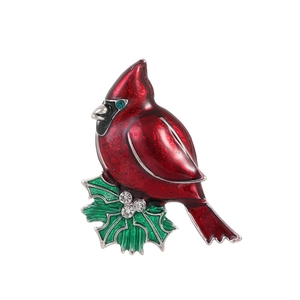 Broche oiseau cardinal de Noël vintage avec émail rouge et strass brillants