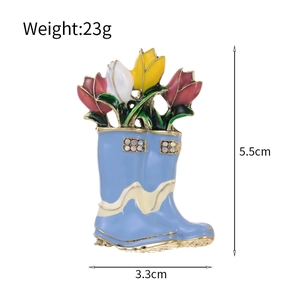 Blue rain boot brooch with colorful tulips and rhinestone details, 5.5cm height size