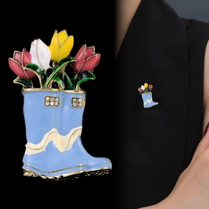 Creative blue rain boot brooch with colorful enamel tulips and rhinestone accents