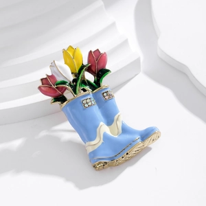 Charming light blue tulip rain boot brooch with colorful enamel flowers and crystals