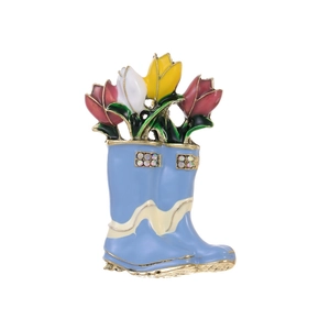 Vintage style floral boot brooch featuring colorful enamel tulips and crystal accents