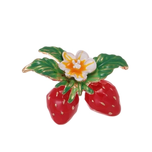 Cute strawberry brooch with red glaze fruits and white flower in gold finish
