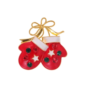 Christmas Red Mitten Brooch Zinc Alloy Rhinestone Enamel Bow Festive Mittens Brooch Pin For Women New Year Gift Jewelry