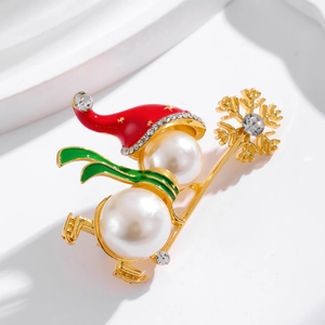 Broche de Noël Bonhomme de Neige à Ski Alliage Fausse Künstliche Perle Strass Flocon de Neige Émail Épingle pour Femme Bijoux Festifs