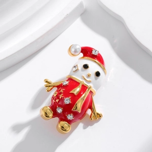 Christmas snowman brooch with red enamel and crystals on a clean white background