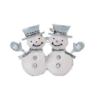Broche Double Bonhomme de Neige de Noël en Alliage Argenté avec Strass et Künstliche Perles Épingle en Émail pour Femme Fête