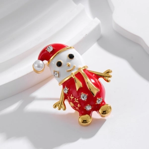 Sparkling Christmas snowman brooch with red enamel and rhinestones on gold metal