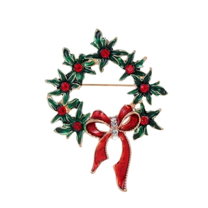 Sparkling Christmas wreath brooch with red bow and green enamel leaves for party attire