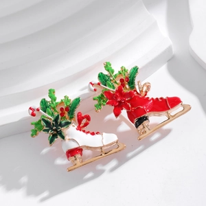 Spilla Pattini da Ghiaccio di Natale per Donna Vintage Lega Smalto Strass Agrifoglio Bastoncino di Zucchero Fiocco Gioielli Festivi Regalo