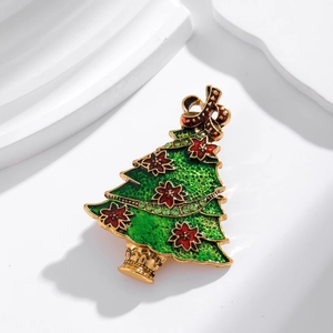 Broche Sapin de Noël en Alliage de Zinc Or avec Émail Vert Fleurs Rouges Strass Accessoire Bijoux Festif pour Femme Cadeau