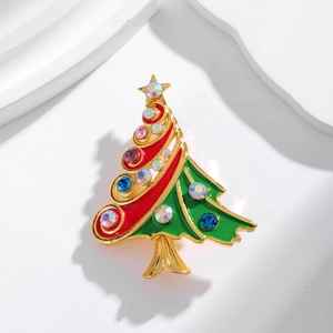 Christmas tree brooch with colored rhinestones and festive enamel on gold alloy base