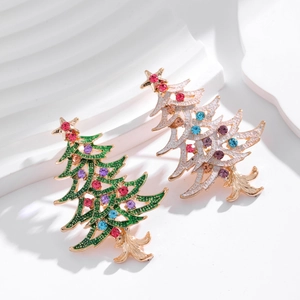 Set de broches sapin de Noël doré avec strass multicolores et émail vert brillant