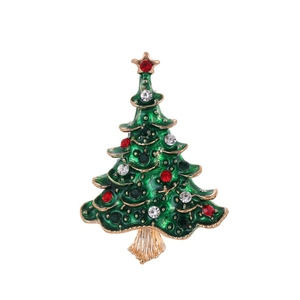 Spilla a albero di Natale dorata con smalto verde e strass scintillanti rossi e bianchi