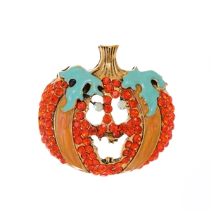 Spilla zucca di Halloween con cristalli arancioni e smalto verde su base dorata