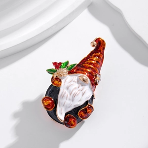 Creative Christmas gnome brooch with red enamel hat and green berry accents in a 3D view