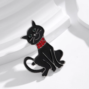 Cute black cat enamel brooch with green rhinestone eyes and red crystal collar decor