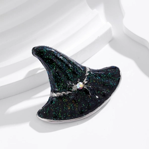 Broche chapeau de sorcier noire scintillante avec araignée argentée pour Halloween