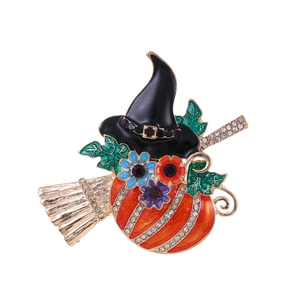 Halloween Pumpkin Witch Hat Broom Brooch For Women Men Zinc Alloy Rhinestone Enamel Party Pin Festive Holiday Jewelry Gift