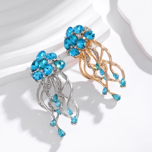 Elegante Quallen-Brosche in Gold und Silber mit blauen Kristallen für Partykleidung