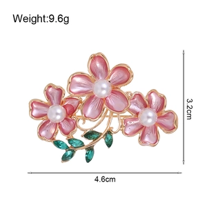 Pink enamel flower brooch with pearls and gold branches, 3.2cm by 4.6cm size display