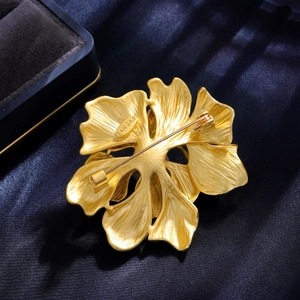 Peony flower pearl brooch with double-layer pleated gold petals and diamond accents